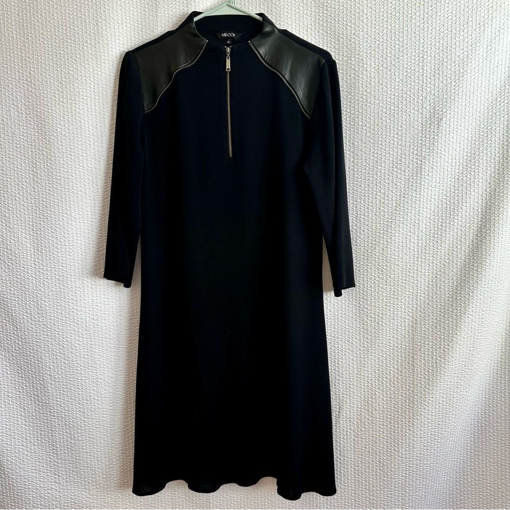 MISOOK Black Knit Midi Dress Leather Shoulder Trim Quarter Zip Long Sleeve Small